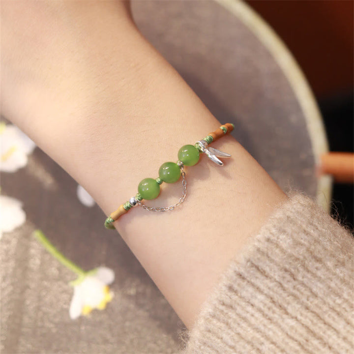 Buddha Stones925 スターリングシルバー 竹の葉 和田翡翠 カルセドニービーズ 祝福編みブレスレット