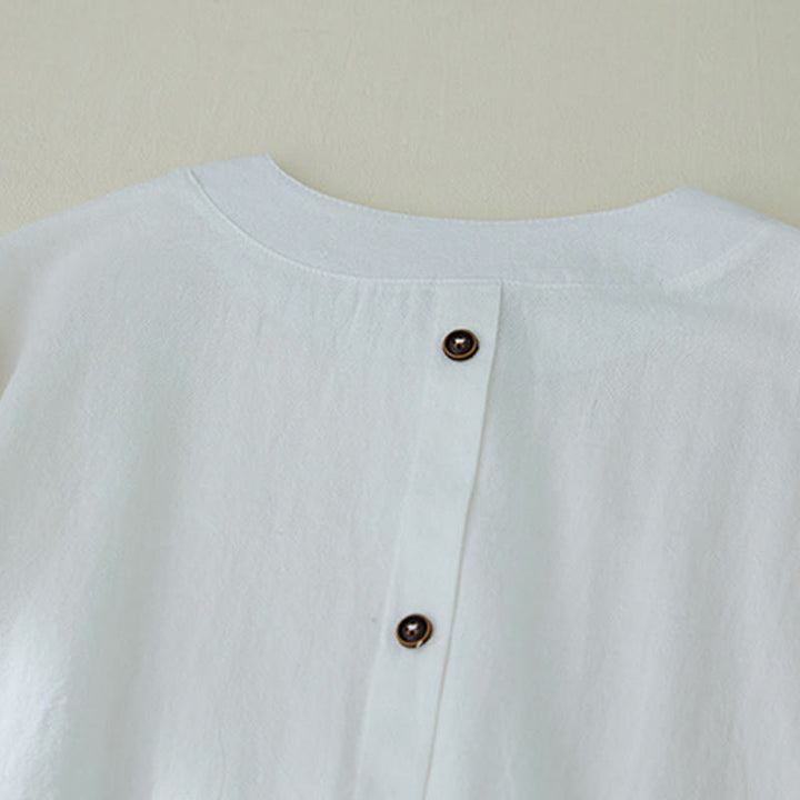 Buddha Stones幾何学刺繍長袖ボタンコットンリネンレディースシャツ - image 11