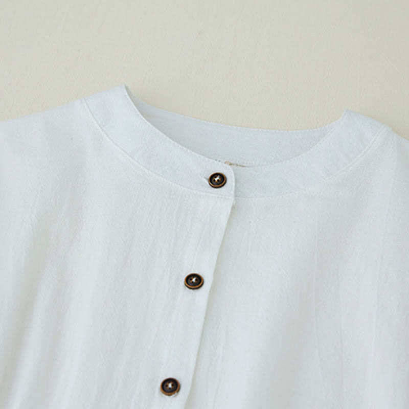 Buddha Stones幾何学刺繍長袖ボタンコットンリネンレディースシャツ - image 10