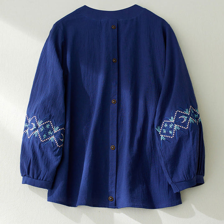 Buddha Stones幾何学刺繍長袖ボタンコットンリネンレディースシャツ