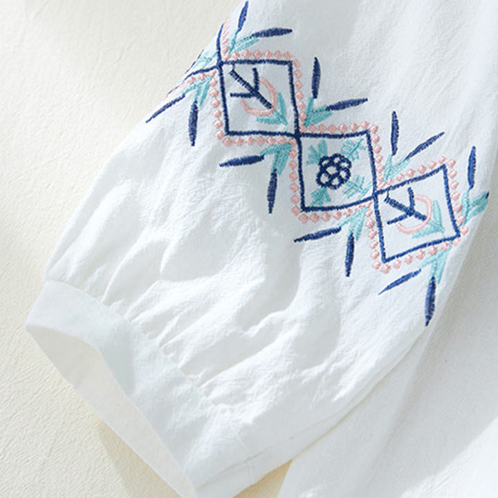 Buddha Stones幾何学刺繍長袖ボタンコットンリネンレディースシャツ - image 13