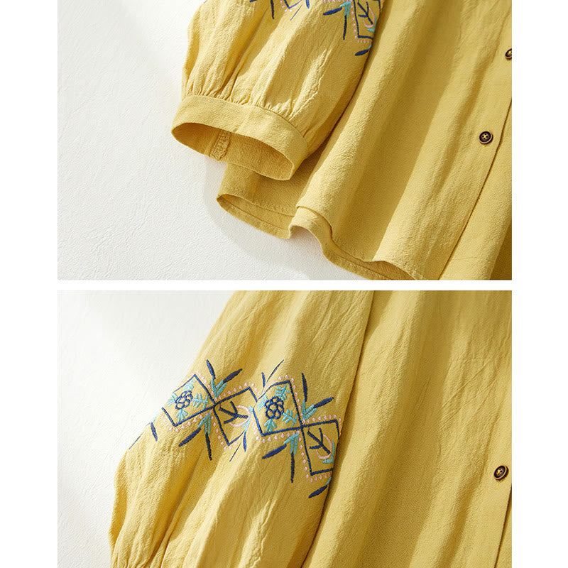Buddha Stones幾何学刺繍長袖ボタンコットンリネンレディースシャツ