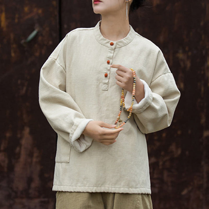Buddha Stonesレトロ 無地 サーマル 長袖 ラミー リネン レディース シャツ