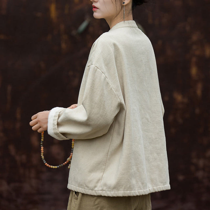 Buddha Stonesレトロ 無地 サーマル 長袖 ラミー リネン レディース シャツ - image 4