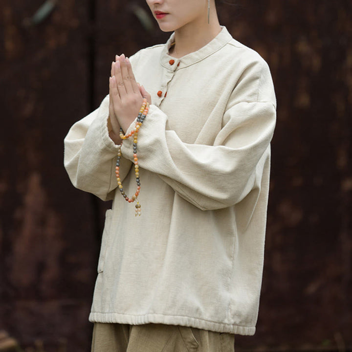 Buddha Stonesレトロ 無地 サーマル 長袖 ラミー リネン レディース シャツ - image 3