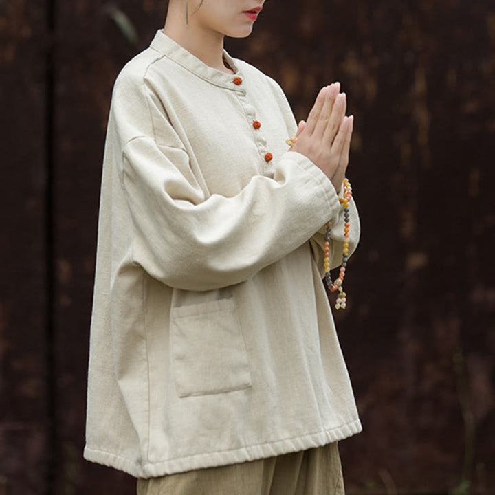 Buddha Stonesレトロ 無地 サーマル 長袖 ラミー リネン レディース シャツ