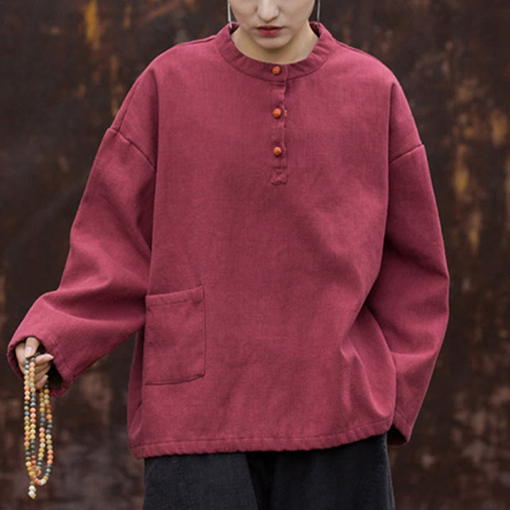 Buddha Stonesレトロ 無地 サーマル 長袖 ラミー リネン レディース シャツ - クリムゾン - US4-8/10、 UK/AU8-12/14、 EU36-40/42 (F) - image 17