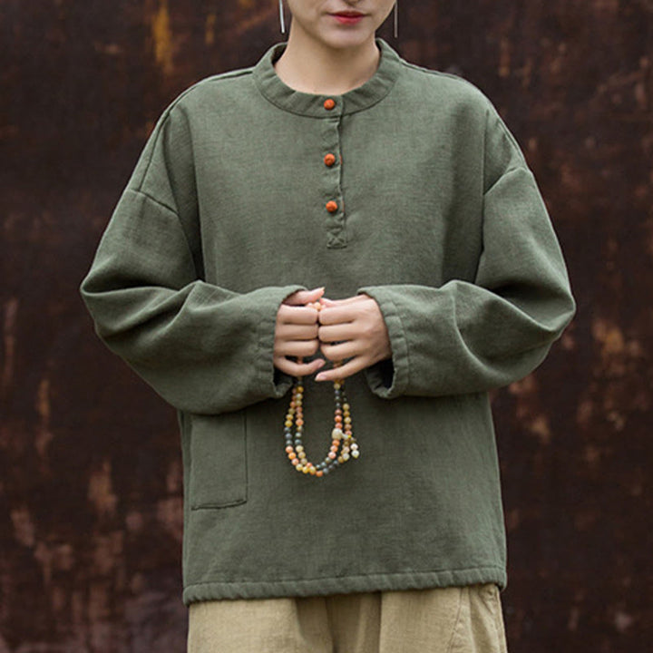 Buddha Stonesレトロ 無地 サーマル 長袖 ラミー リネン レディース シャツ - image 10