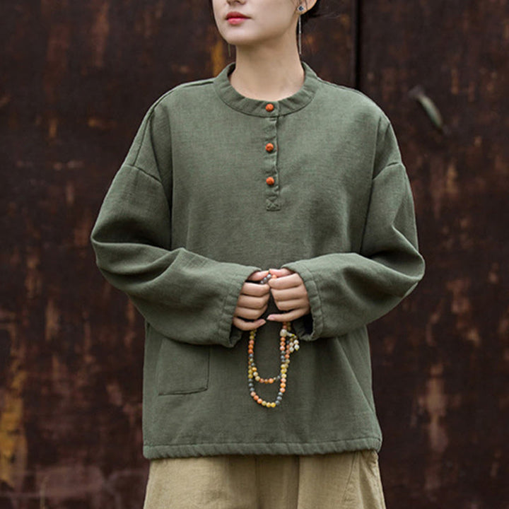 Buddha Stonesレトロ 無地 サーマル 長袖 ラミー リネン レディース シャツ - 緑 - US4-8/10、 UK/AU8-12/14、 EU36-40/42 (F) - image 9
