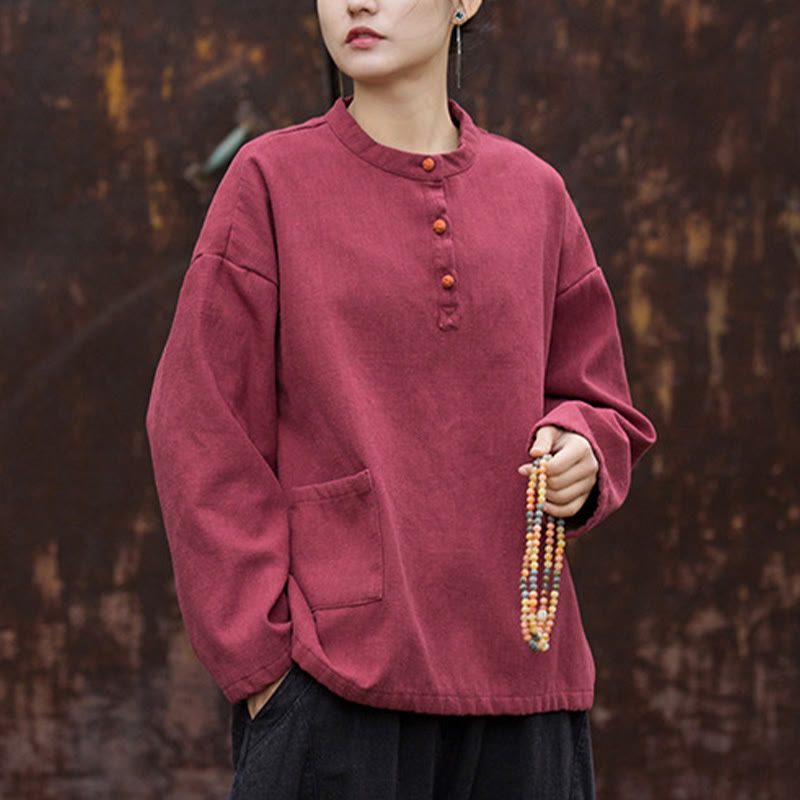 Buddha Stonesレトロ 無地 サーマル 長袖 ラミー リネン レディース シャツ - image 18