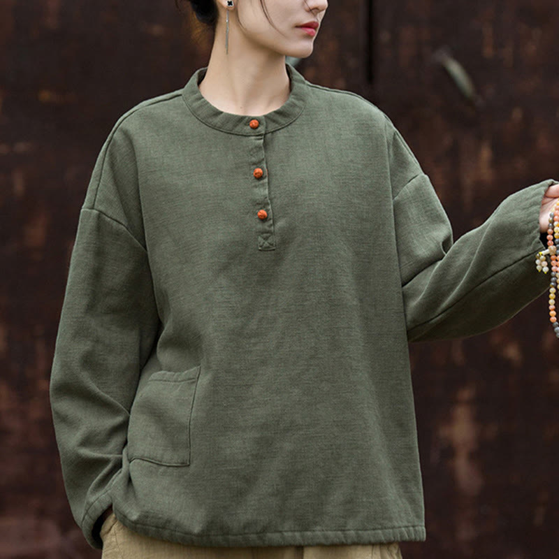 Buddha Stonesレトロ 無地 サーマル 長袖 ラミー リネン レディース シャツ - image 14