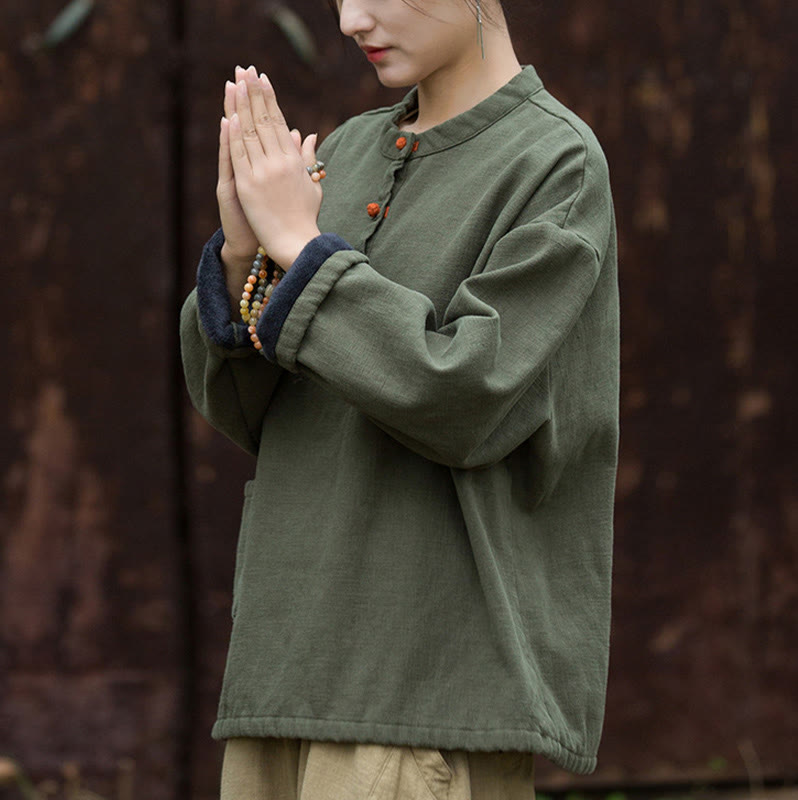 Buddha Stonesレトロ 無地 サーマル 長袖 ラミー リネン レディース シャツ
