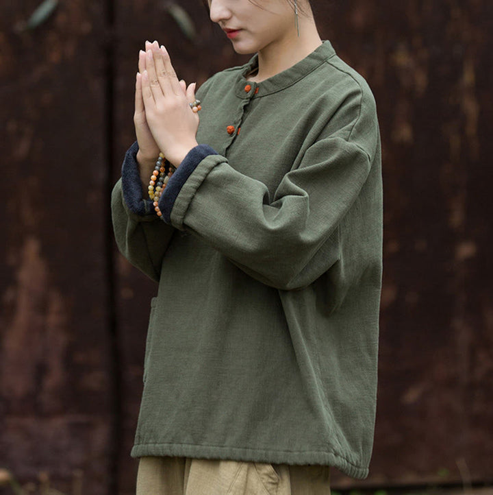 Buddha Stonesレトロ 無地 サーマル 長袖 ラミー リネン レディース シャツ