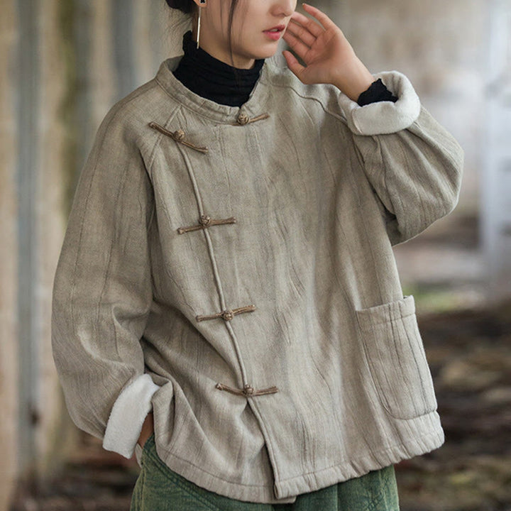 Buddha Stones無地 フロッグボタン サーマル 長袖 ラミー リネン レディース シャツ - image 3