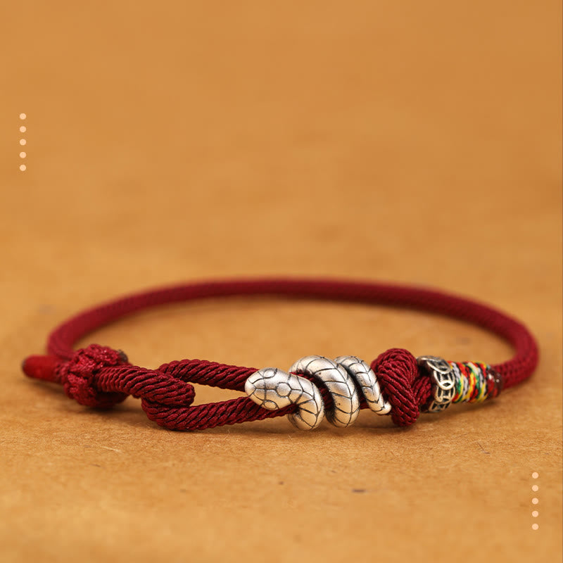 Buddha Stones赤紐925 スターリングシルバー 蛇年 コインリング 蛇の幸運ブレスレット - ダークレッド - 18～20cm - image 0