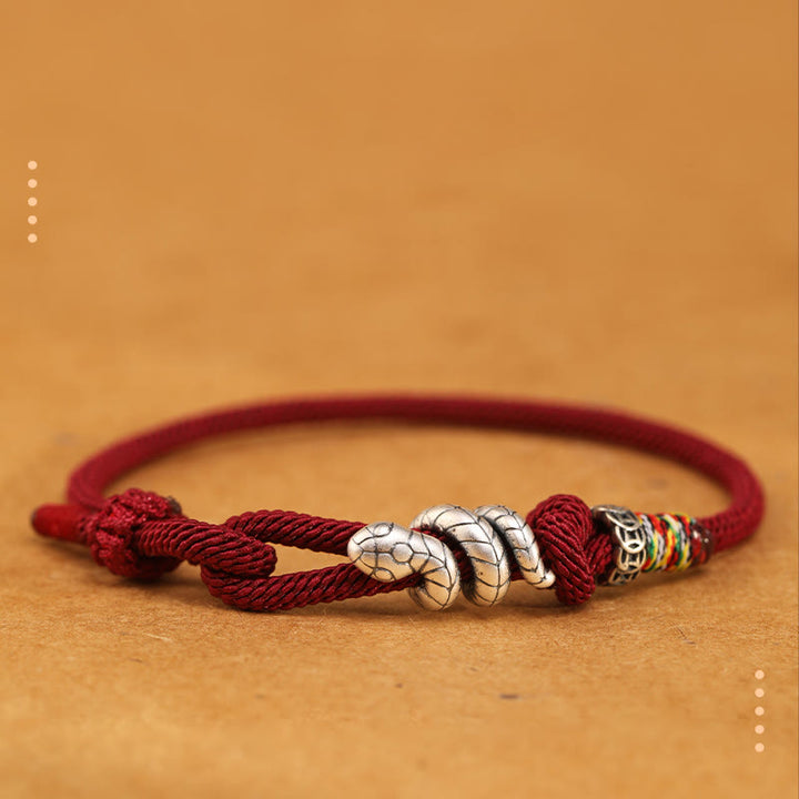 Buddha Stones赤紐925 スターリングシルバー 蛇年 コインリング 蛇の幸運ブレスレット - ダークレッド - 18～20cm - image 0