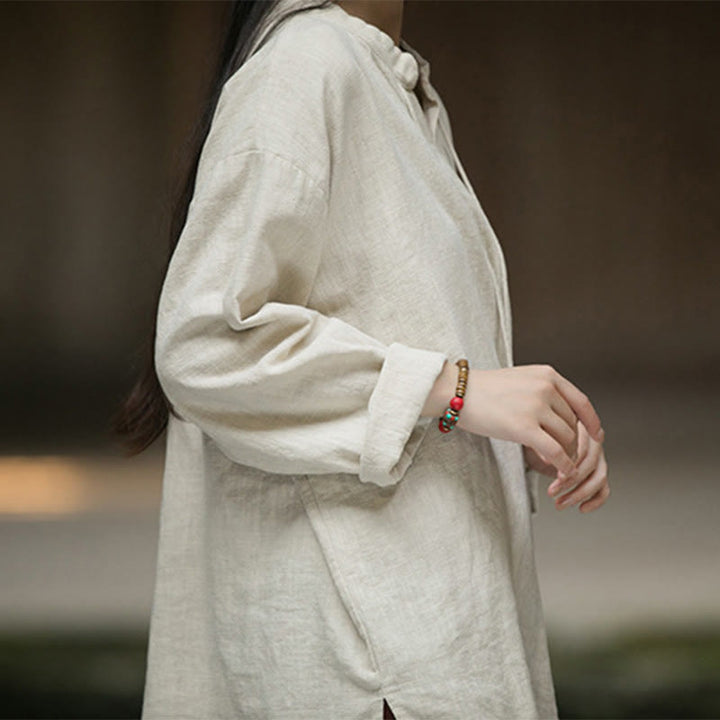 Buddha Stonesレトロ 無地 長袖 ラミー リネン レディース シャツ - image 13