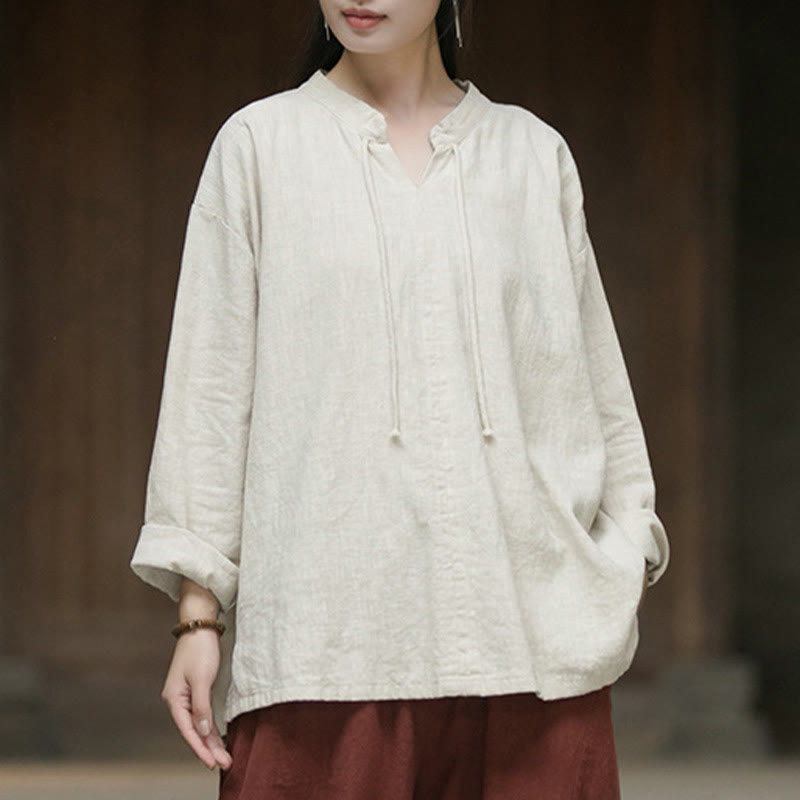 Buddha Stonesレトロ 無地 長袖 ラミー リネン レディース シャツ - image 2