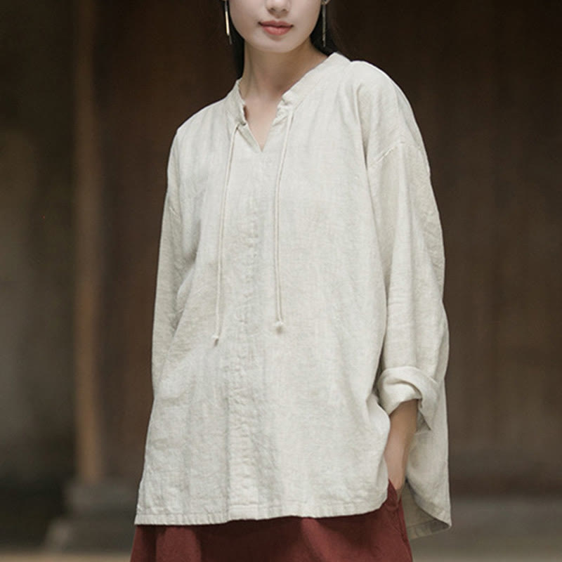 Buddha Stonesレトロ 無地 長袖 ラミー リネン レディース シャツ - image 3