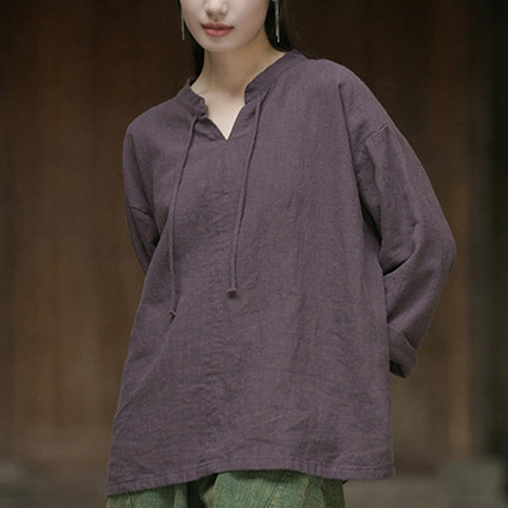 Buddha Stonesレトロ 無地 長袖 ラミー リネン レディース シャツ