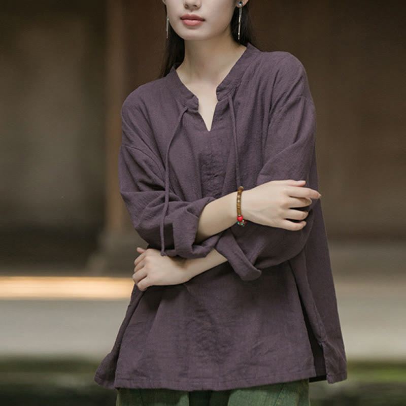 Buddha Stonesレトロ 無地 長袖 ラミー リネン レディース シャツ - image 18