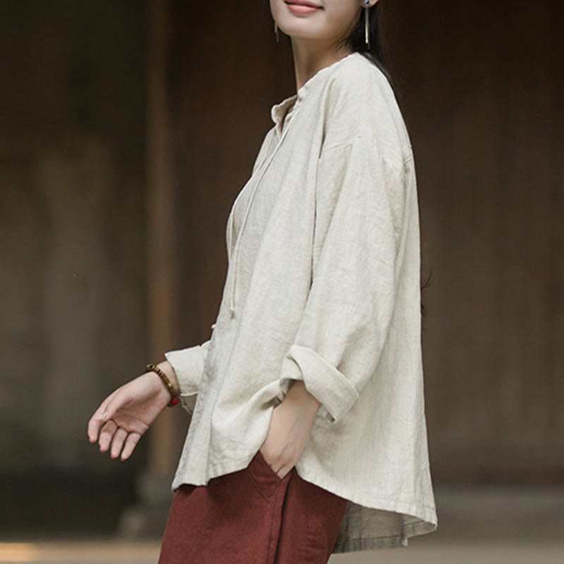 Buddha Stonesレトロ 無地 長袖 ラミー リネン レディース シャツ