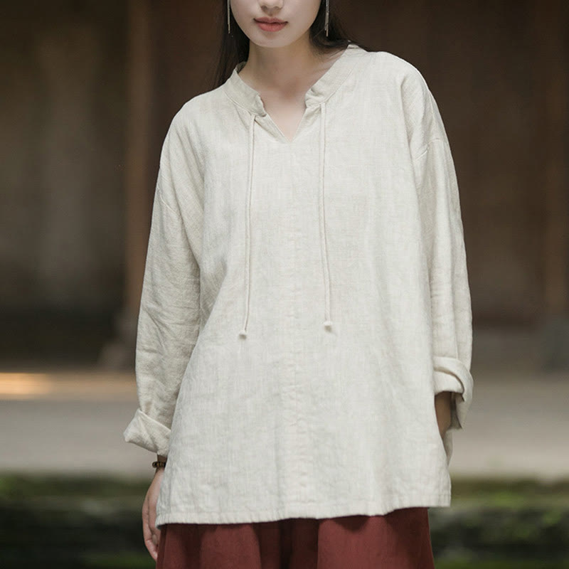 Buddha Stonesレトロ 無地 長袖 ラミー リネン レディース シャツ - image 1