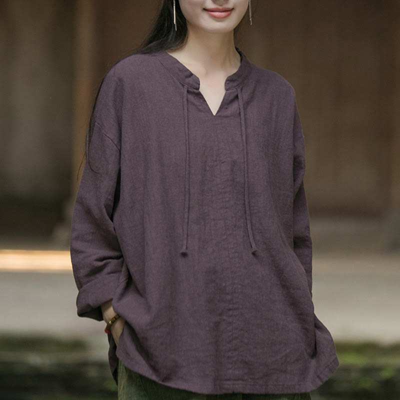 Buddha Stonesレトロ 無地 長袖 ラミー リネン レディース シャツ