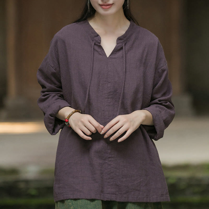 Buddha Stonesレトロ 無地 長袖 ラミー リネン レディース シャツ