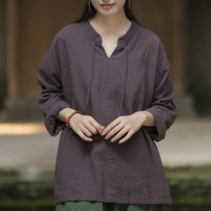 Buddha Stonesレトロ 無地 長袖 ラミー リネン レディース シャツ