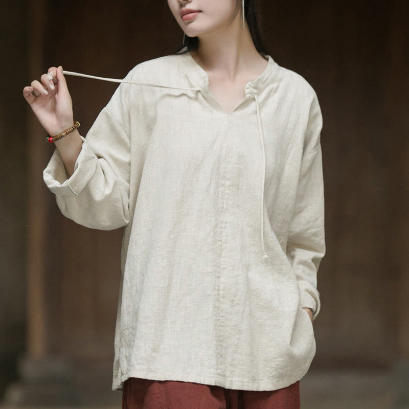Buddha Stonesレトロ 無地 長袖 ラミー リネン レディース シャツ - ベージュ - US4-12、 UK/AU8-16、 EU36-44 (F) - image 0