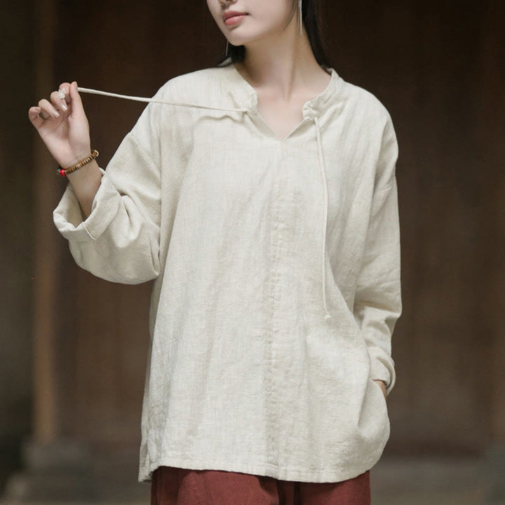 Buddha Stonesレトロ 無地 長袖 ラミー リネン レディース シャツ - ベージュ - US4-12、 UK/AU8-16、 EU36-44 (F) - image 0