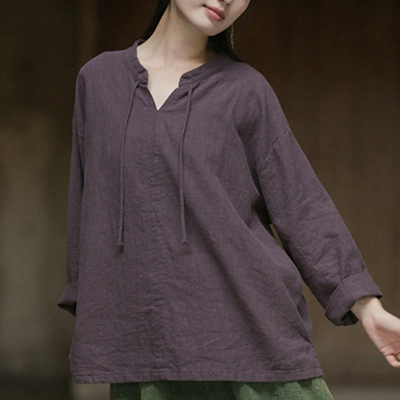 Buddha Stonesレトロ 無地 長袖 ラミー リネン レディース シャツ - image 16