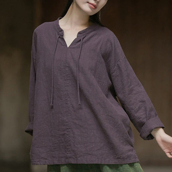 Buddha Stonesレトロ 無地 長袖 ラミー リネン レディース シャツ - image 16