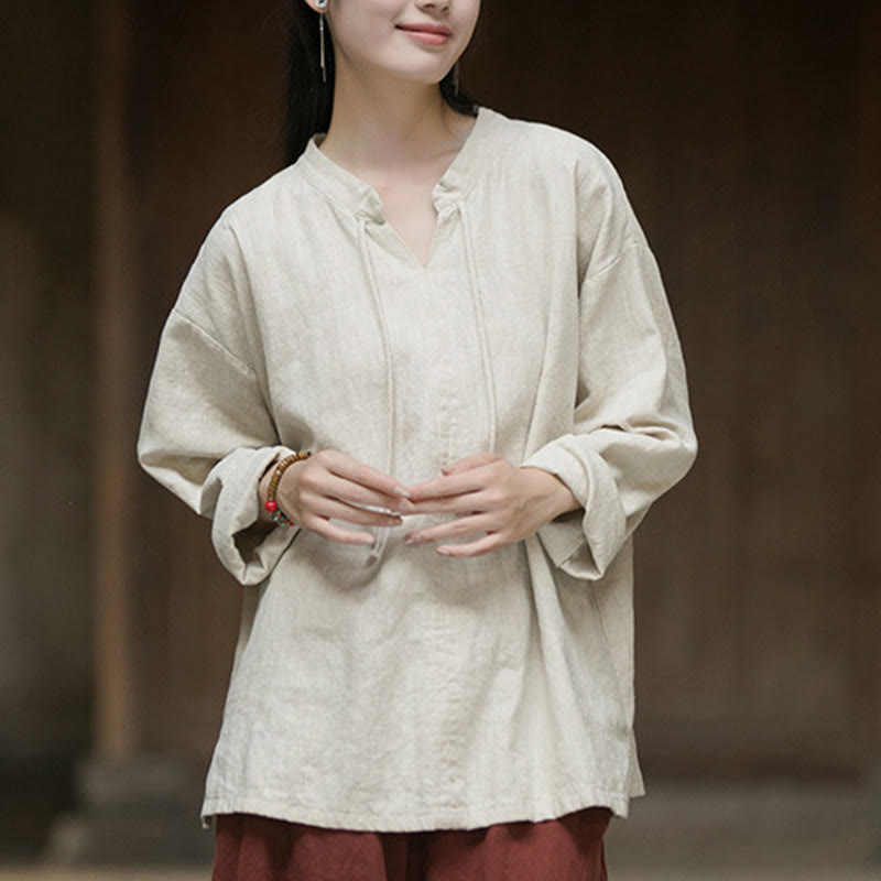 Buddha Stonesレトロ 無地 長袖 ラミー リネン レディース シャツ - image 8