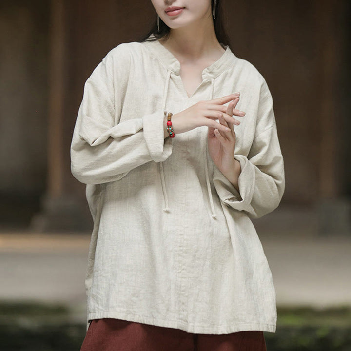 Buddha Stonesレトロ 無地 長袖 ラミー リネン レディース シャツ - image 9