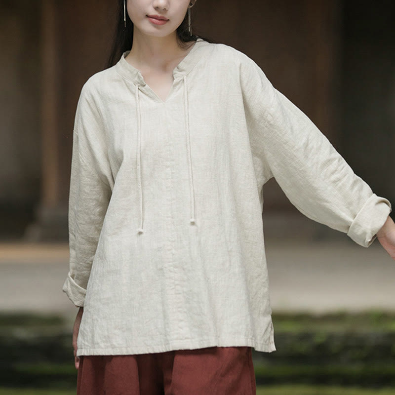 Buddha Stonesレトロ 無地 長袖 ラミー リネン レディース シャツ - image 6