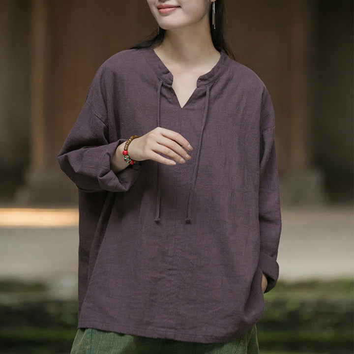 Buddha Stonesレトロ 無地 長袖 ラミー リネン レディース シャツ - image 23