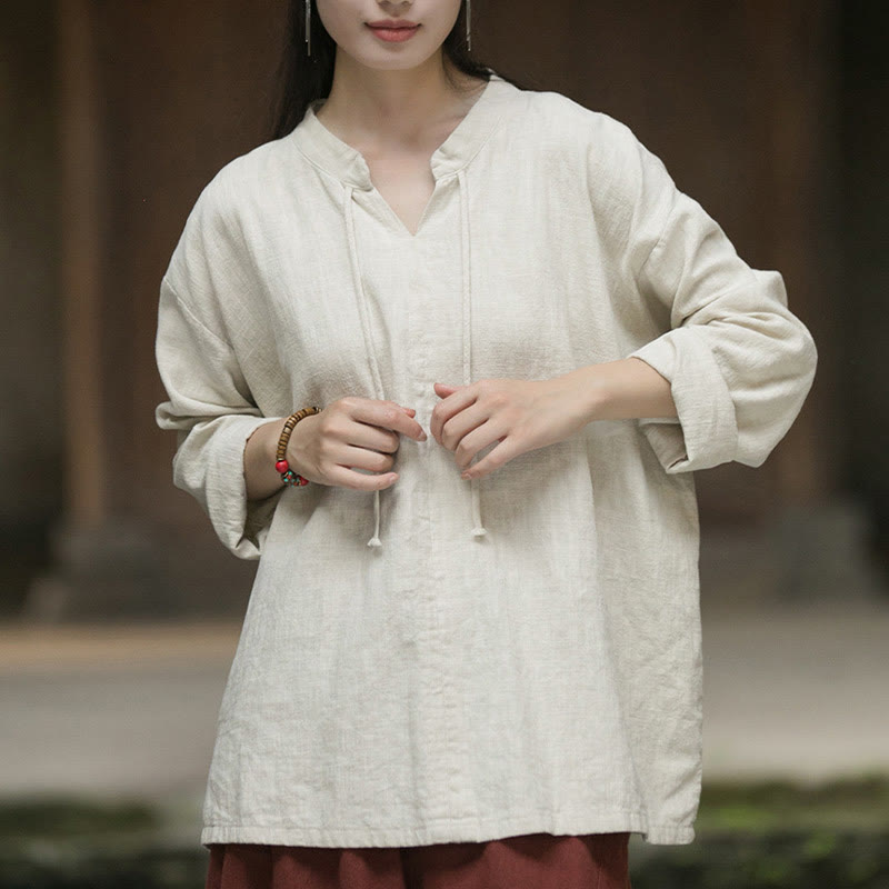 Buddha Stonesレトロ 無地 長袖 ラミー リネン レディース シャツ - image 11