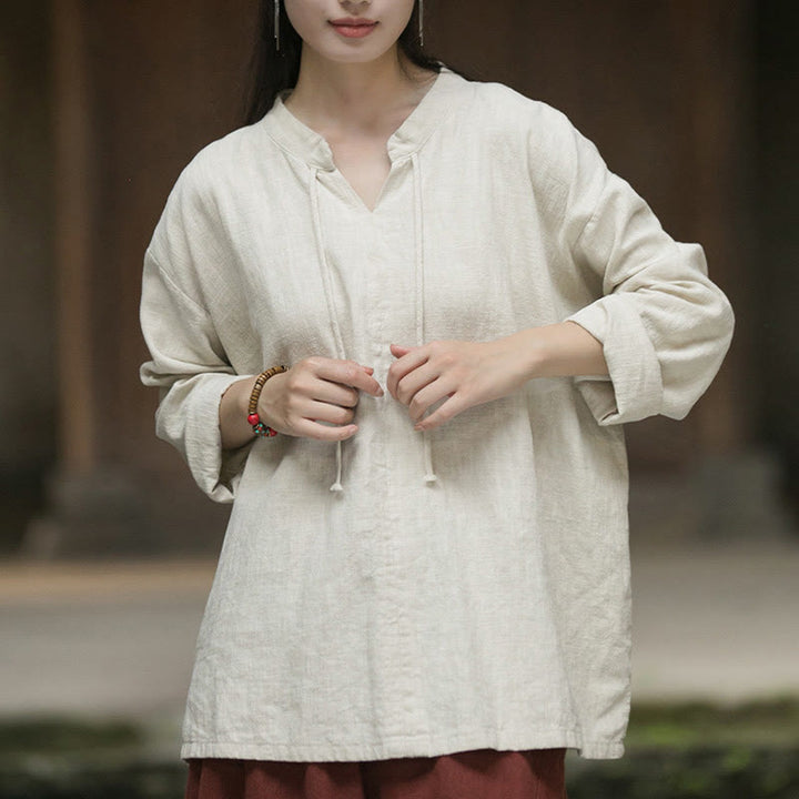 Buddha Stonesレトロ 無地 長袖 ラミー リネン レディース シャツ - image 11