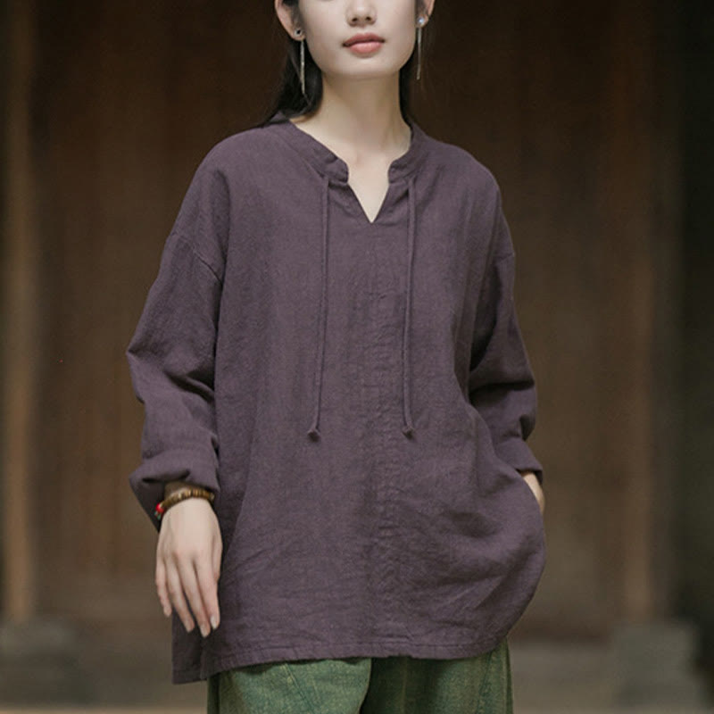 Buddha Stonesレトロ 無地 長袖 ラミー リネン レディース シャツ
