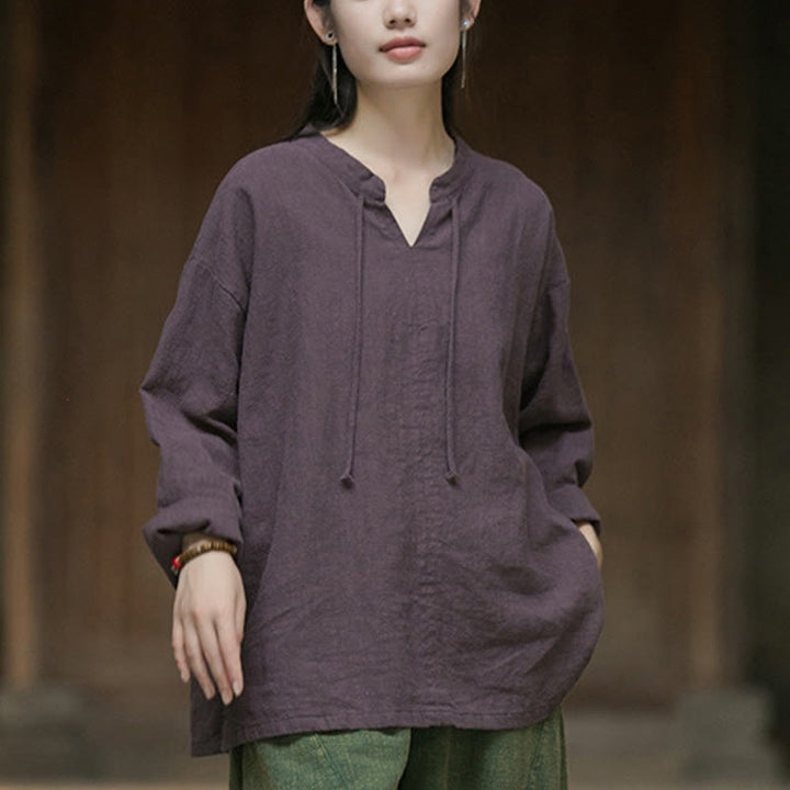 Buddha Stonesレトロ 無地 長袖 ラミー リネン レディース シャツ