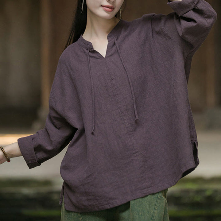 Buddha Stonesレトロ 無地 長袖 ラミー リネン レディース シャツ