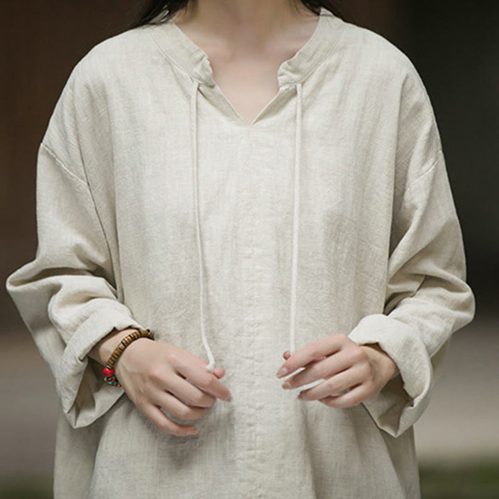 Buddha Stonesレトロ 無地 長袖 ラミー リネン レディース シャツ - image 12