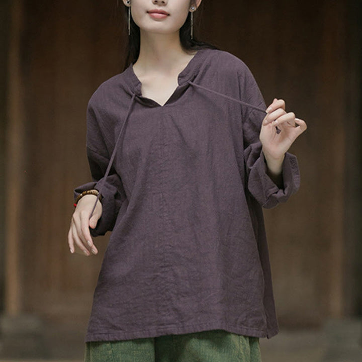 Buddha Stonesレトロ 無地 長袖 ラミー リネン レディース シャツ - image 21