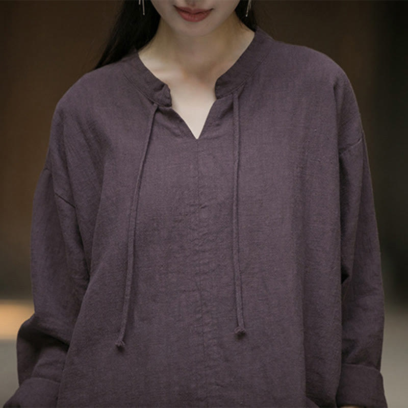 Buddha Stonesレトロ 無地 長袖 ラミー リネン レディース シャツ - image 24