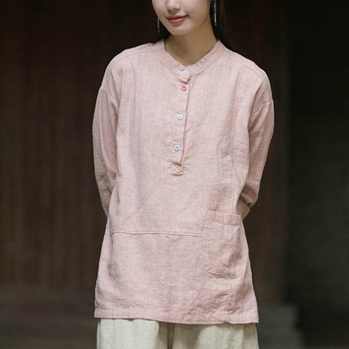 Buddha Stones無地 長袖 ラミー リネン ハーフボタン レディース シャツ