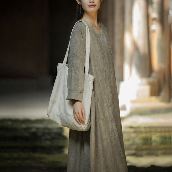 Buddha Stones無地 チャイナ Vネック 長袖 ラミー リネン ミディドレス - image 21