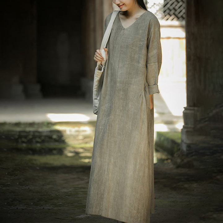 Buddha Stones無地 チャイナ Vネック 長袖 ラミー リネン ミディドレス - image 19