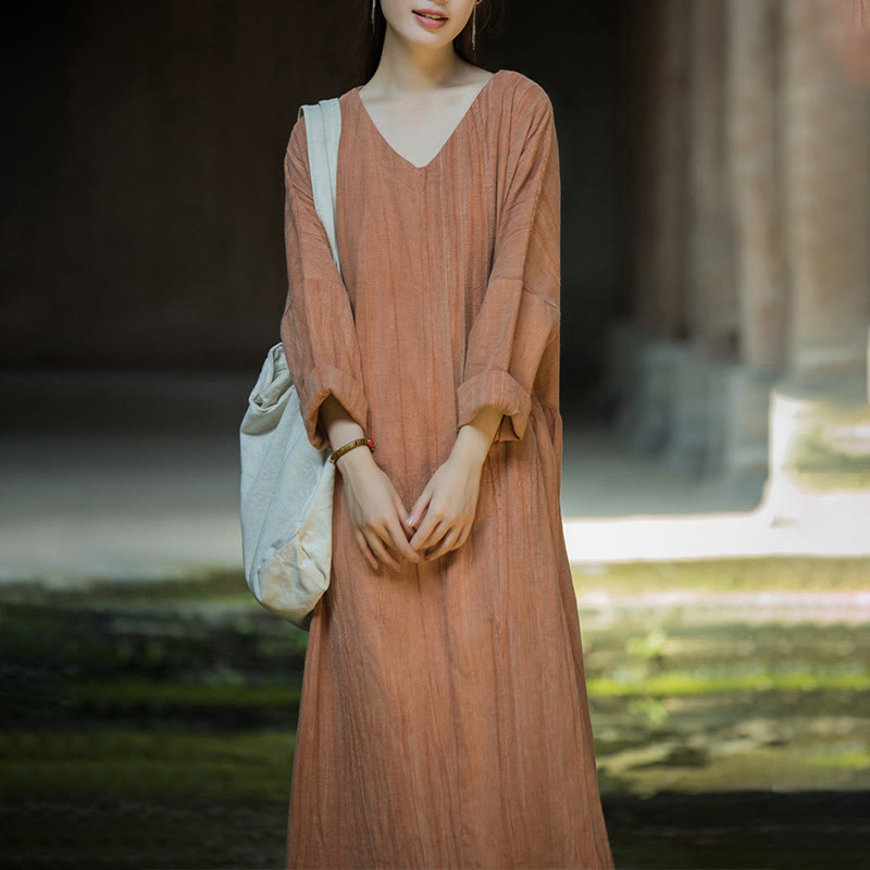 Buddha Stones無地 チャイナ Vネック 長袖 ラミー リネン ミディドレス - image 25